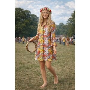 Natural Life "Twiggy Floral" Mini Button Front Boho Shirt Dress Tunic Size M